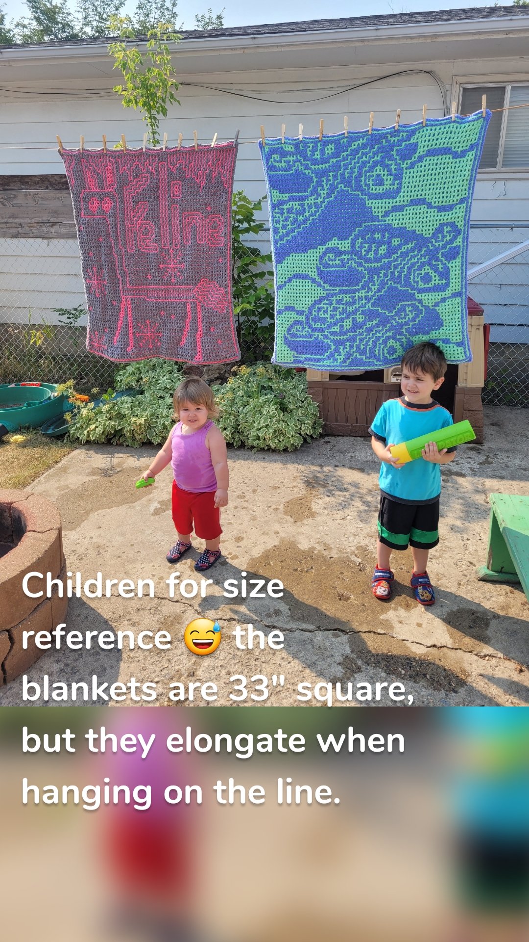 Children for size reference 😅 the blankets are 33" square, but they elongate when hanging on the line.